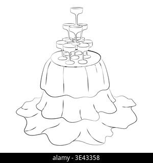 Hand-drawn wedding party decor elements such as champagne tower and round table in rococo style, composition for cards, invitation Stock Vector