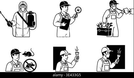 Pest control workers in various scenarios Stock Vector