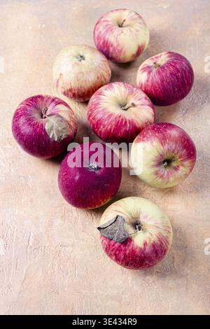Apples scattered on the table, selective focus, yellow - red, summer variety, early, no people Stock Photo