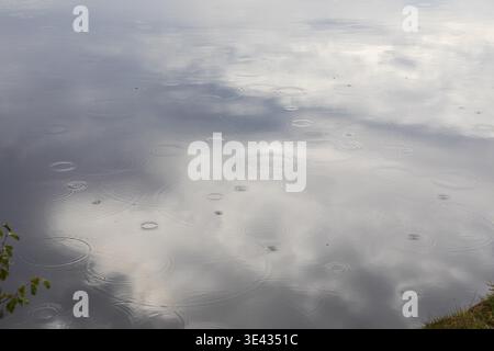 Raindrops on the water surface in the lake, rings, it rains Stock Photo