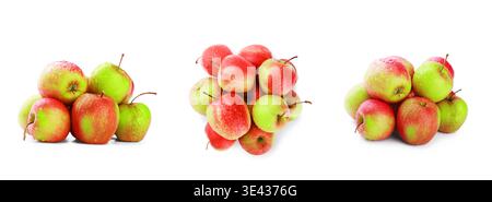Three groups of fresh red and green apples with water drops isolated on a white background. Healthy organic fruit banner. High quality photo Stock Photo