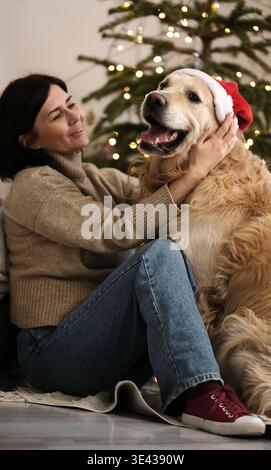 Woman Wearing A Santa Hat With Golden Retriever Dog At Home During Christmas Time Stock Photo