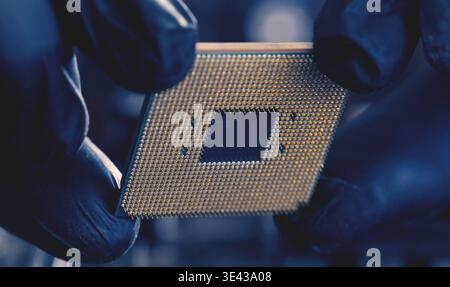 Close-Up View Of Computer Technician Holding Pc Processor Stock Photo