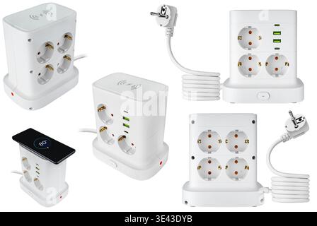 Universal 2m white extension lead with USB and Type-C ports, wireless charging, on a white background with insulation Stock Photo