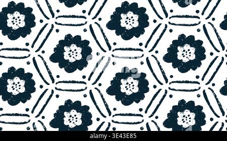 Black and white seamless pattern with hand drawn abstract flowers inside geometric hexagons. Modern botanical monochrome design with artistic brush Stock Vector
