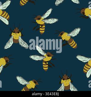 Hand drawn seamless pattern with chalky texture bees. Organic design with detailed honeybees Stock Vector