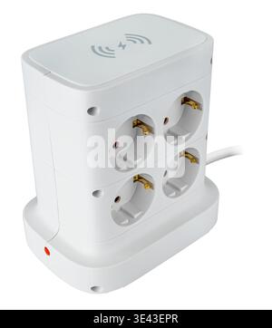 White 2-metre extension lead with seven sockets and USB ports, wireless charging, shown against a white background in its packaging Stock Photo