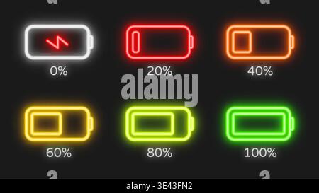 Neon battery level icons from empty to full with percentage marks. Bright electric indicators glowing on dark background. Stock Vector
