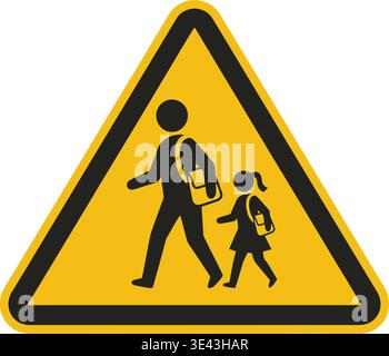 Pedestrian warning sign featuring an adult and child crossing with backpacks Vector Stock Vector
