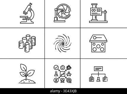 A collection of black and white icons for science and business Stock Vector