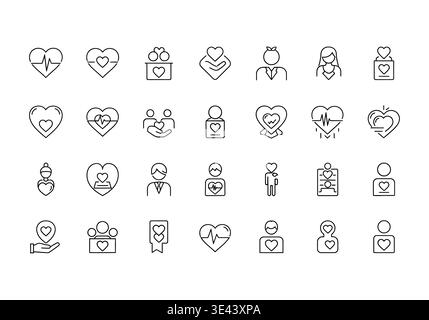 A collection of black and white line icons depicting hearts and people Stock Vector
