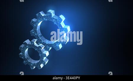 Gears. Abstract vector wireframe two gear 3d modern illustration on dark blue background. Stock Vector