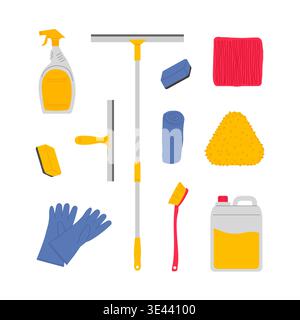 Window washing kit: specialized cleaning products, scrapers, brushes for clean windows, glass, and mirrors. Vector illustration. Stock Vector