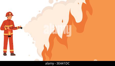 Illustration of ire extinguisher for extinguishing large fire in full uniform. Banner for fire safety, educational poster. Stock Vector