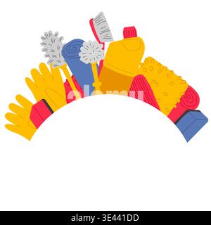 Bathroom cleaning: toilet cleaning products and brushes, gloves, sponges, wipes. Cleanliness and order concept in bathroom. Stock Vector