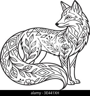 Intricate black and white fox illustration featuring ornate geometric patterns and floral elements with a stylized long tail perfect for adult colorin Stock Vector