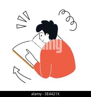 Boy in red clothing reads large book with interest, tracing finger along pages. Doodle vector illustration for education Stock Vector