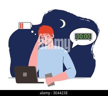 It is midnight, man is still working on laptop. Doodle vector illustration. Suitable for burnout, overtime, work-life imbalance Stock Vector