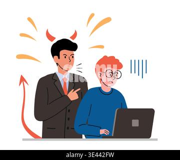 Aggressive boss with devil horns and tail aggressively yells at subordinate working on laptop. Vector illustration in flat style Stock Vector
