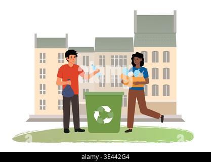 Plastic recycling. Man and woman collecting plastic waste into green container with recycling symbol. City vector illustration. Stock Vector