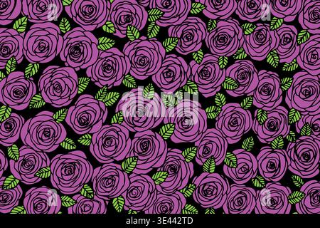 Rose flowers with leaves. Floral hand drawn art ornamental background. Doodle style. Vector illustration. Simple minimalistic nature design Stock Vector
