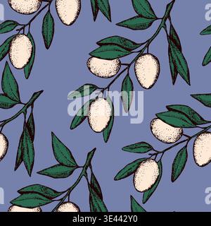 Seamless pattern with olive branch. Ink hand drawn olives background. Botanic plant vector illustration for print, fabric, textile. A sprig of an Stock Vector