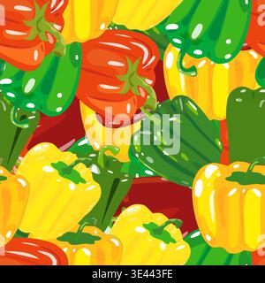 Seamless Vector Pattern with Vibrant Bell Peppers. Dense Vegetable Food Background Isolated on Transparent Stock Vector