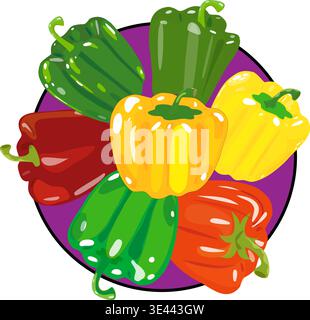 Colorful Bell Peppers Group in a plate Circle. Vector Vegetable Composition Isolated on Transparent Background Stock Vector