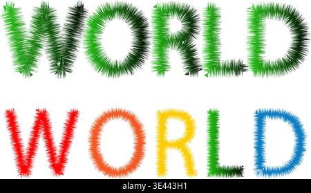 Creative Spiky and Grassy Text Effect for World Word. Two Vector Styles of Textured Typography Isolated on Transparent Stock Vector