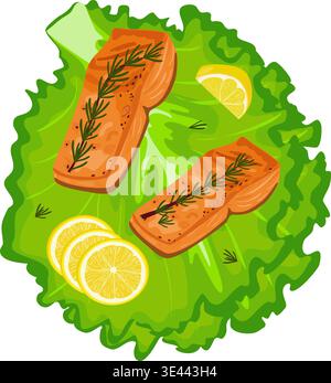 Grilled Salmon Fillets on Lettuce Leaves with Lemon Slices. Vector Seafood Dish Illustration Isolated on Transparent Stock Vector