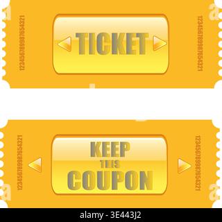Gold Ticket and Premium Coupon Templates with Serial Numbers. Two Golden Admit One Vouchers Isolated on Transparent Stock Vector
