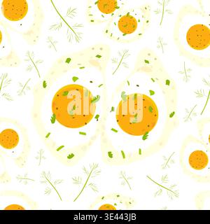 Seamless Vector Pattern of Fried Eggs and Herbs on Pink Background. Cute Food Backdrop Isolated on Transparent Stock Vector