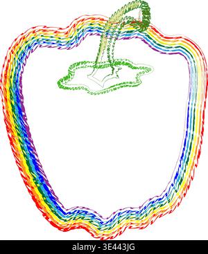 Rainbow Outline Bell Pepper Frame Vector. Creative Colorful Vegetable Border Isolated on Transparent Background Stock Vector