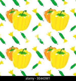 Seamless Vector Pattern with Yellow Bell Peppers and Small Cucumbers. Fresh Vegetable Garden Background Isolated on Transparent Stock Vector