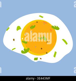 Single Sunny Side Up Fried Egg with Fresh Herbs. Minimalist Flat Vector Illustration Isolated on Transparent Background Stock Vector