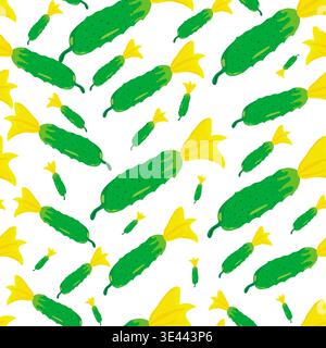 Seamless Vector Pattern with Fresh Green Cucumbers and Yellow Flowers. Organic Vegetable Food Background Isolated on Transparent Stock Vector
