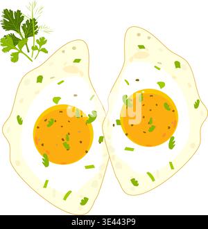 Two Sunny Side Up Fried Eggs with Fresh Herbs. Flat Vector Breakfast Illustration Isolated on Transparent Background Stock Vector