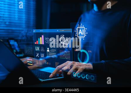 AI dashboard analytics and digital interface optimization concept. Person using laptop with virtual panels show data charts, UX UI metrics, smart Stock Photo