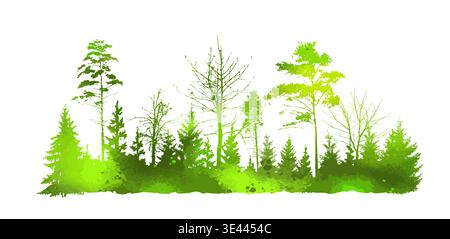 Forest green silhouette. Pine trees silhouette. Hand drawn. Not AI, vector illustration. Stock Vector