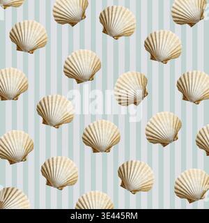 pattern with natural seashells arranged on a soft pastel striped background. Beach inspired decorative design suitable for textile, wallpaper, packagi Stock Photo