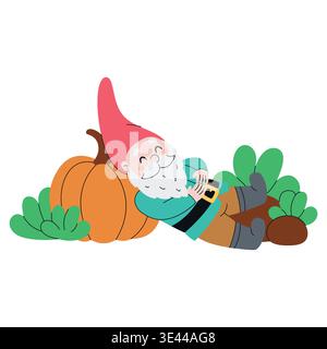 Funny cartoon garden gnome sleeping on a pumpkin. Hand-drawn. Vector illustration, isolated on a white background. Stock Vector