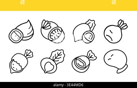 Cartoon illustrations of various fruits and vegetables in a playful and stylized manner isolated on transparent background Stock Vector