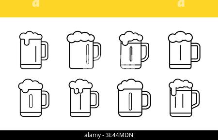 Collection of eight different styles of beer mugs in a grid layout isolated on transparent background Stock Vector