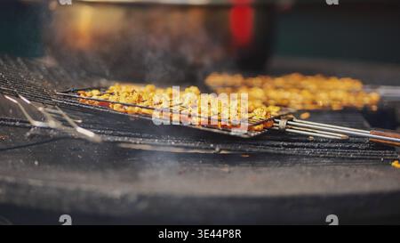 Marinated meat pieces grilling in a wire basket on a smoky barbecue. Stock Photo