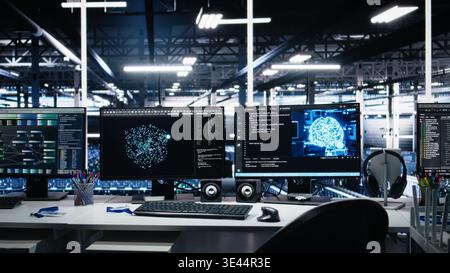 Server room PC screens tracking mainframes processing large scale machine learning datasets for artificial intelligence operations. Computer displays monitoring gear used in AI model development Stock Photo