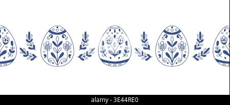 Seamless Easter eggs horizontal pattern strip with floral branches in Scandinavian blue outline style. Vector illustration on white background. Stock Vector