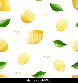 Vector seamless pattern featuring lemon slices, leaves and whole lemons Stock Vector