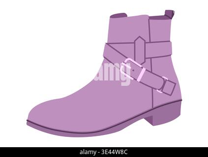 Purple harness boot women color flat. Strap detail ankle boot for fashion forward wardrobe and festival season. Technical fashion illustration CAD mockup smooth vector man unisex isolated trendy style Stock Vector