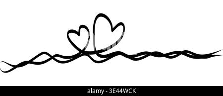 Continuous squiggle line clear heart silhouette in the center. Black freehand cable style stroke works as romantic divider for love quotes, wedding cards and Valentine layouts on white background. Stock Vector