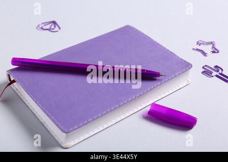 Notebook, pen and paper clips on grey background Stock Photo